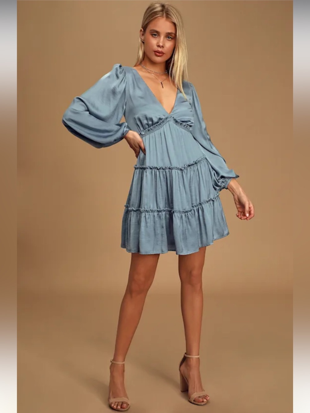 Moonstruck Slate Blue Satin Tiered Long Sleeve Mini Dress AS IS!